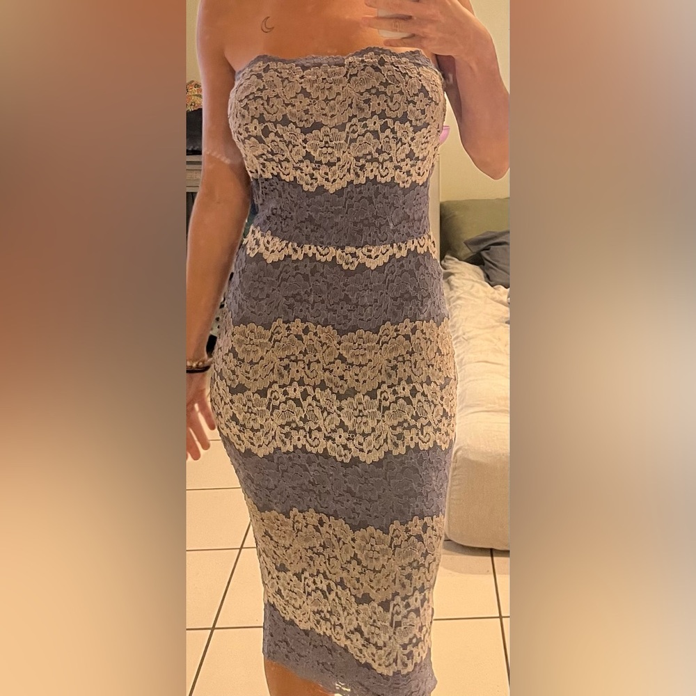 Guess Strapless Lace Midi Dress in Lavender and Cream